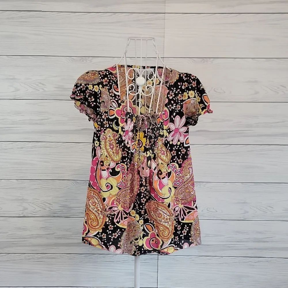 Allison Taylor Short Sleeve Babydoll Top Floral Multicolored Womens Size M